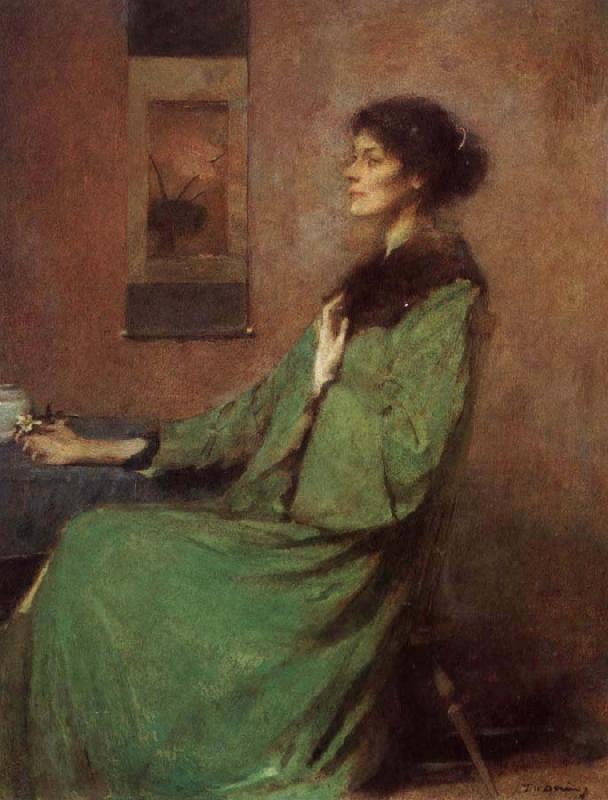 Thomas Wilmer Dewing Portrait of lady holding one rose oil painting image